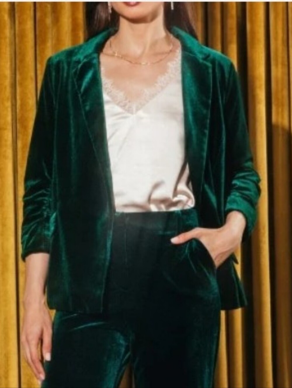 Skies Are Blue Ruched Velvet Open Blazer In Emerald Green Size Medium